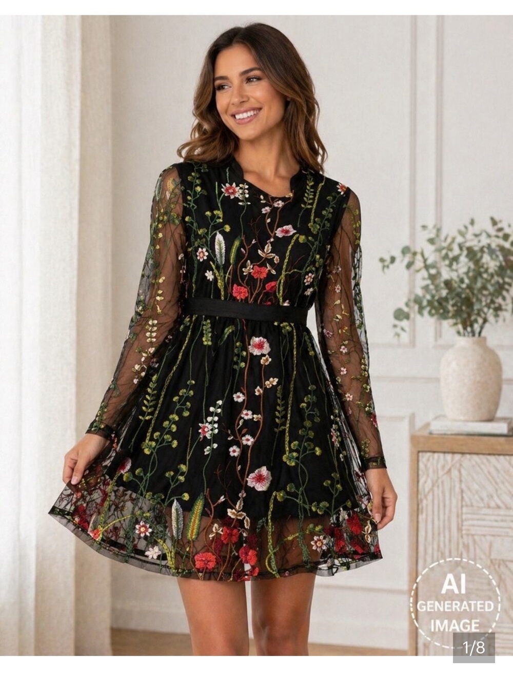 Embroidered Black Long-Sleeve Mesh Dress with Floral Detail